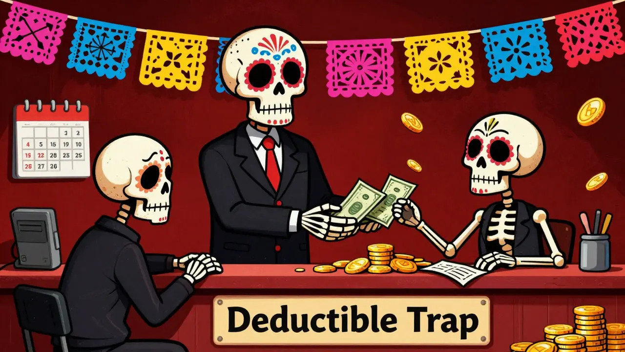 Skeleton at deductible counter receiving bills from suited skeleton