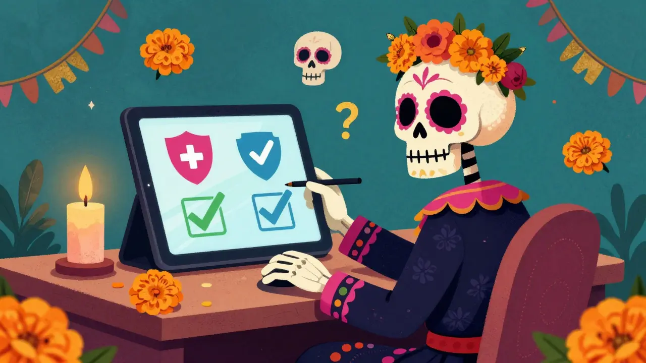 Skeleton checking online pharmacy safety on a tablet, cartoon style