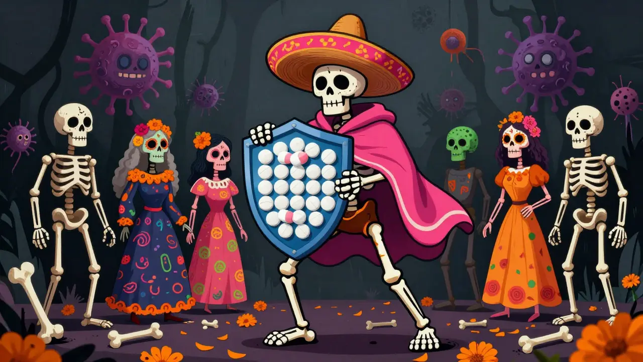 Skeleton holding antibiotic shield against resistant bacteria