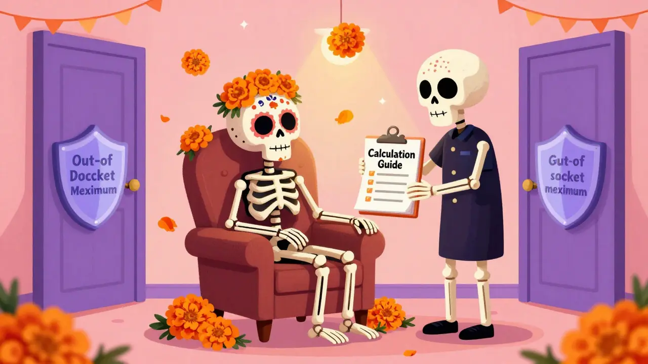 Skeleton in therapy chair with cost calculation checklist nearby