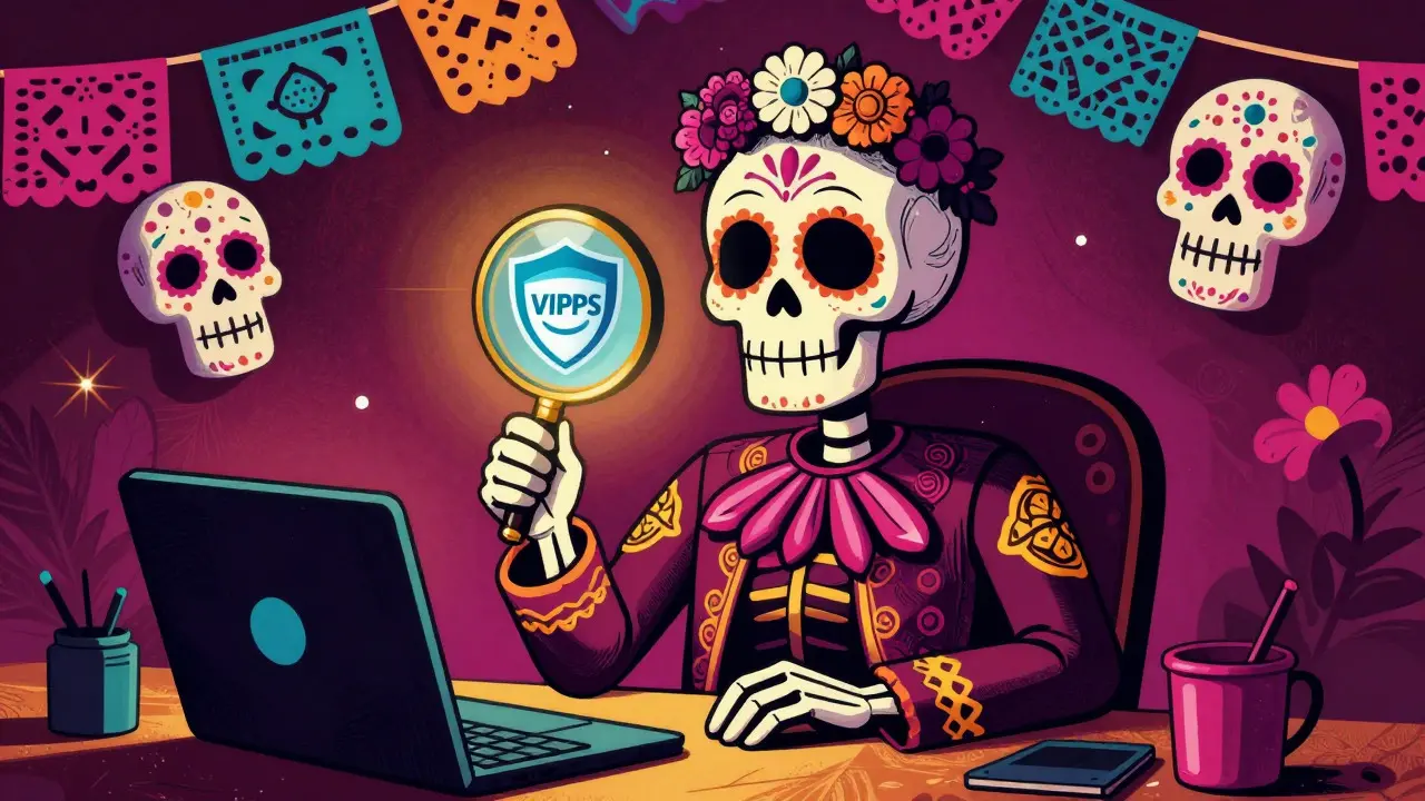 Skeleton verifying safe online pharmacy with magnifying glass