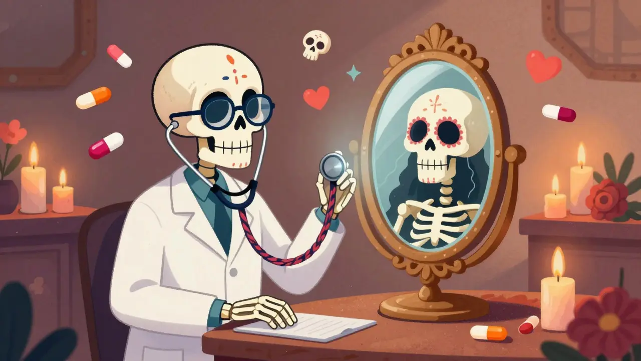 Telehealth consultation between skeletons, Day of the Dead illustration